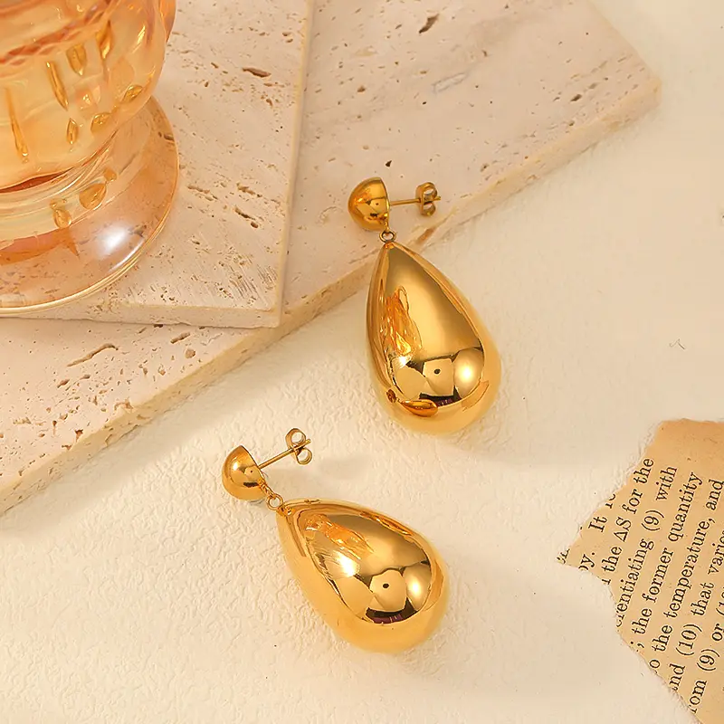 1 par de aretes tipo botón de acero inoxidable chapados en oro de 18 quilates con forma de gota de estilo clásico y sencillo para mujer h5 